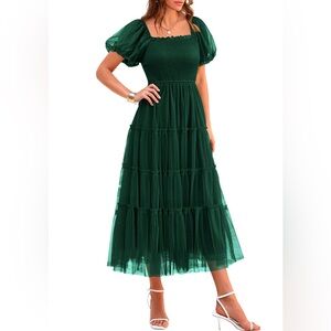 Elegant Green Puff Sleeve Dress